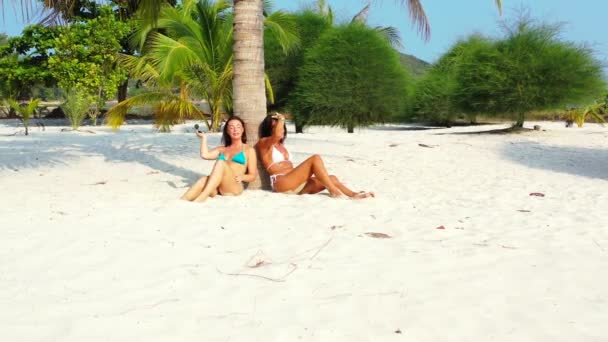 Két fiatal barátnő bikiniben ül a homokos tengerparton a pálmafa alatt és napozik. Gyönyörű nők pihennek trópusi üdülőhelyen     