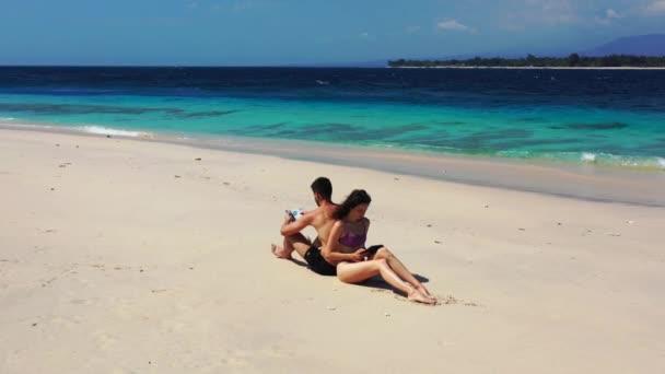 砂浜で二人のカップルと女性と男性が背を向けて座り — ストック動画