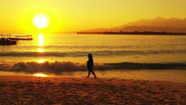 Σιλουέτα Της Γυναίκας Που Περπατά Στην Παραλία Ηλιοβασίλεμα — Αρχείο Βίντεο