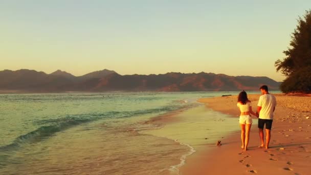 Θέα Ενός Ζευγαριού Που Περπατά Στην Αμμώδη Παραλία Βράδυ — Αρχείο Βίντεο