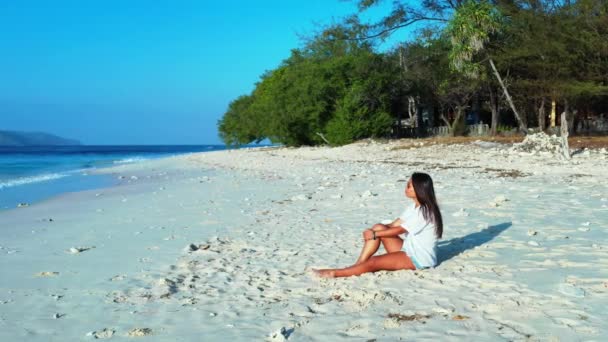 Menina Sentada Praia Areia Relaxante — Vídeo de Stock