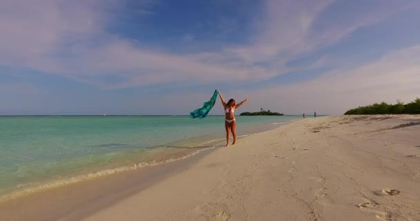 熱帯のビーチで晴れた日を楽しむ若い女性 モルディブのビーチで幸せな若い女性 — ストック動画
