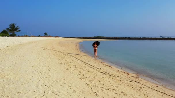 Νεαρή Ελκυστική Κοπέλα Μαύρο Μπικίνι Περπατώντας Στην Αμμώδη Παραλία Καλοκαιρινή — Αρχείο Βίντεο