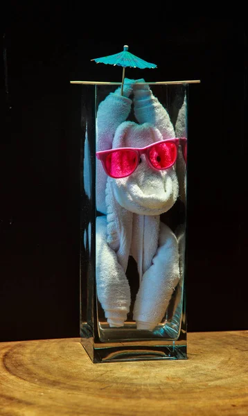 Şeffaf bir gemi içinde havluları olan komik resim yaptı. Umbrel ile