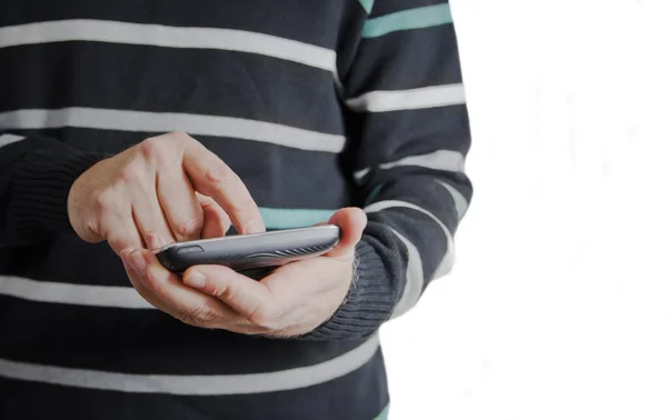 Teléfono móvil inteligente. Dedo apuntando en la pantalla táctil — Foto de Stock