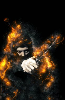 Kukuletalı bizzat yangın Ninja bıçak ile.