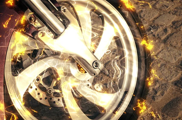 Motorbike wheel in flame