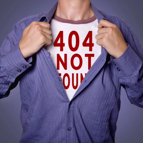 Man open shirt showing 404 error page not found tittle — Stock Photo, Image