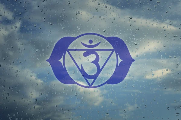 Ajna chakra symbol. Poster for yoga class with a clouds view.