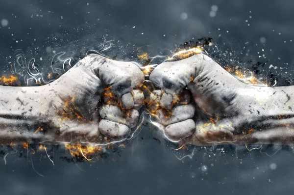Vechten, twee vuisten raken elkaar. Brand illustratie. — Stockfoto
