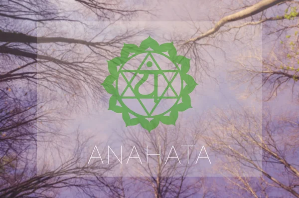 Anahata chakra symbol. Poster for yoga class with sky view.