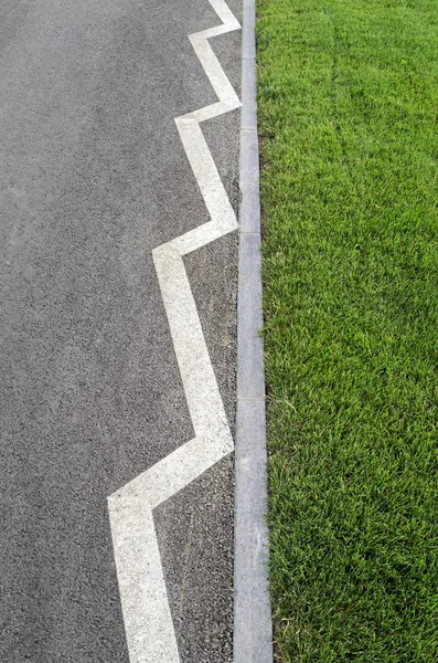 Trilha de bicicleta de concreto com detalhe de grama verde — Fotografia de Stock