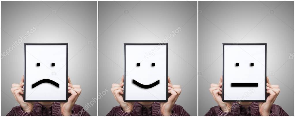 Sad, happy and neutral emoticon on frames triptych.