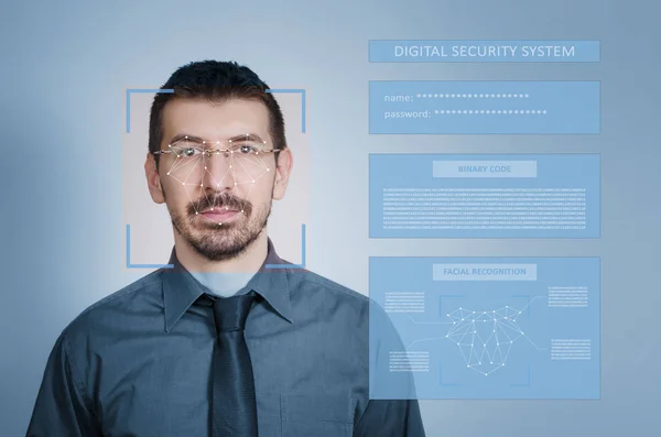 Cyfrowych zabezpieczeń system rozpoznawania twarzy i ochrony tożsamości. Koncepcja ochrony tożsamości cyfrowej. — Zdjęcie stockowe
