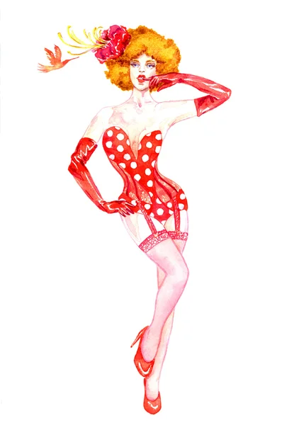 Fashion illustration, sexy cabaret dancer in lingerie red polka dot with flower and humming-bird — Stock fotografie