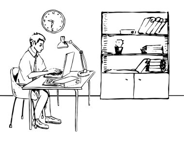 İşadamı içinde yazıhane bilgisayar ve kağıtları ile çalışma