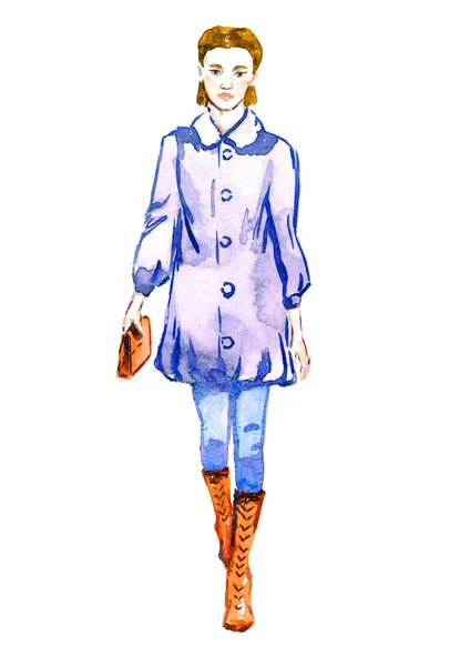 Beautiful girl in coat with clutch bag walking — Stock Photo, Image