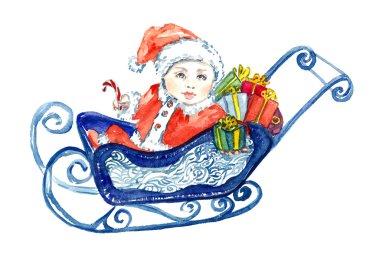 Bebek Noel tebrik kartı için hediyeler ile kızak oturan