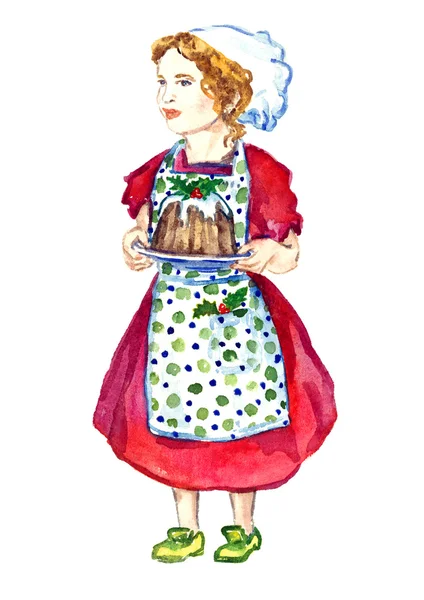 Beautiful Baby Girl in white chef's hat, polka-dot apron and red dress standing and holding plate with Christmas pudding — ストック写真