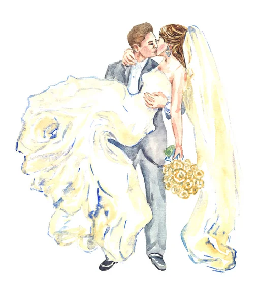 Ženich, drží svou nevěstu na jeho pažích a líbání — Stock fotografie