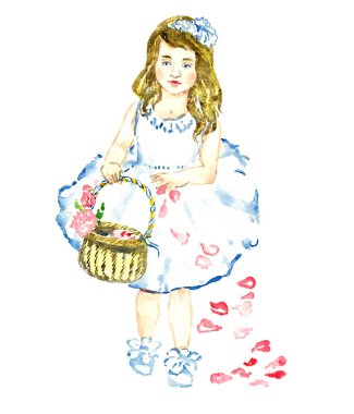 Çiçeklerle boyunca yürüyüş ve yaprakları kırmızı gül sepeti üzerinden saçılma sarı saçlı beyaz elbiseli küçük kız portresi