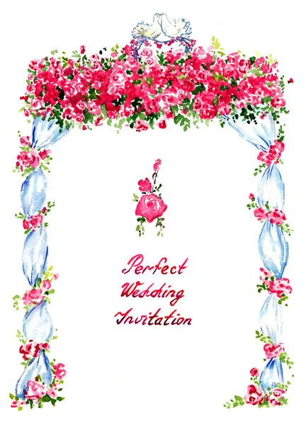 Wedding gazebo decorated with red roses and two kissing pigeons on the top