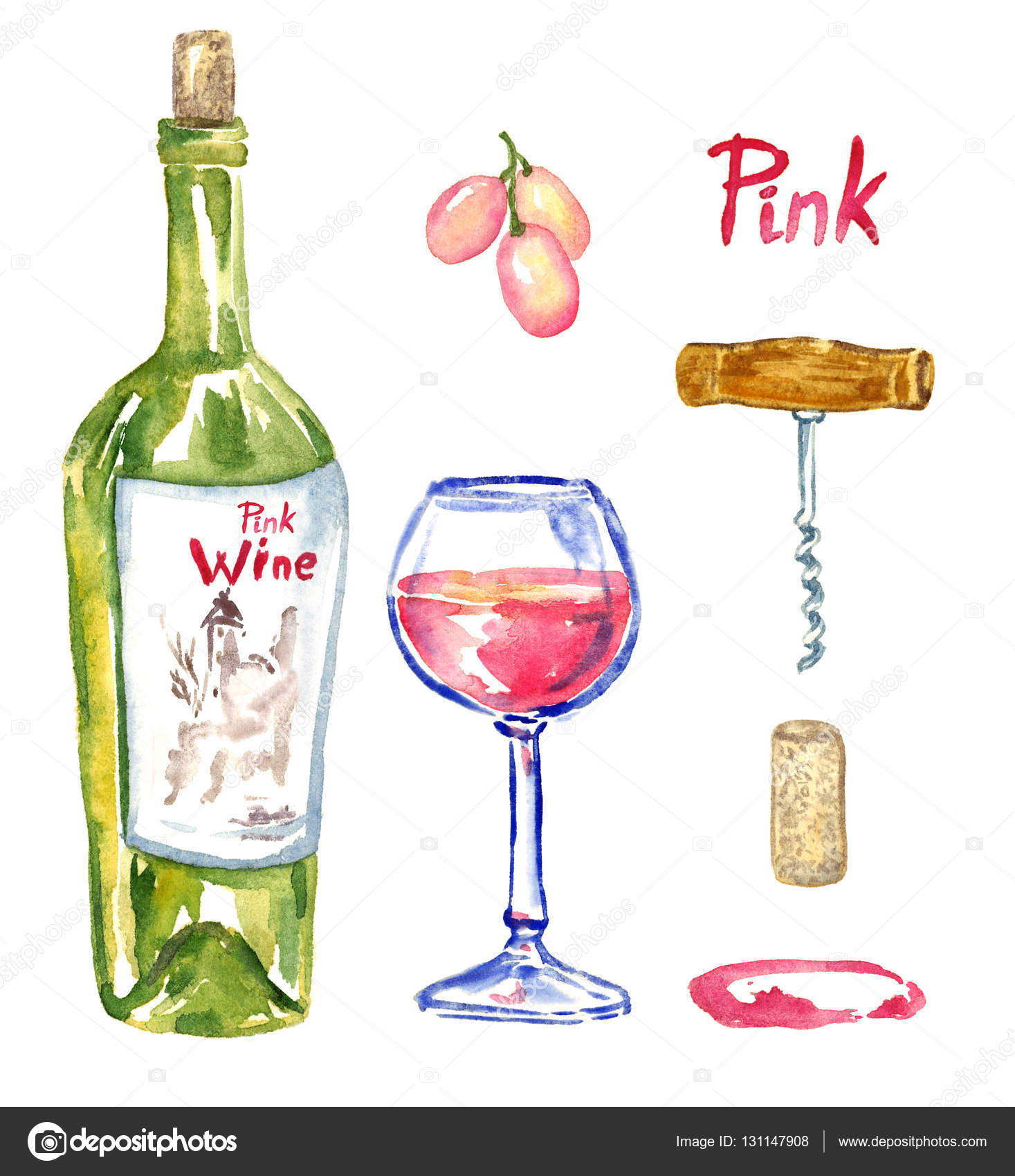 Rose (pink) wine bottle, wineglass, grapes, corkscrew, cork and stain