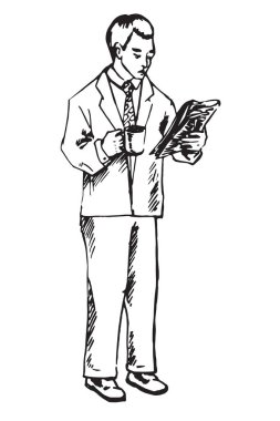 Gazete okuma ve içme kahve, elle çizilmiş doodle vektör işadamı