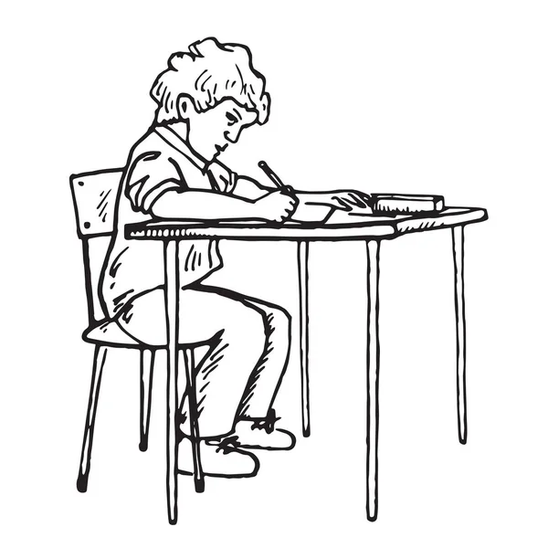 Boy is sitting and writing, hand drawn doodle vector — Stock Vector