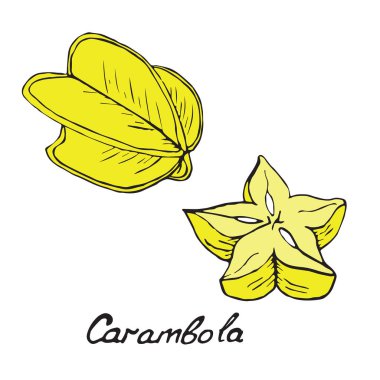 Carambola ve dilimlenmiş parça, elle çizilmiş doodle