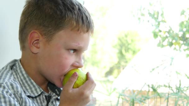 Chłopiec jedzenia jabłko i patrząc w okno — Wideo stockowe