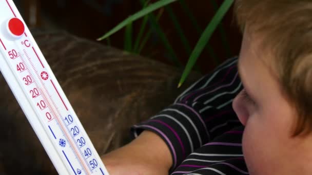 Boy Looking Indoor Thermometer — Stock Video