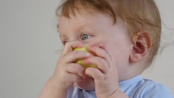 Маленький ребенок ест яблоко — стоковое видео