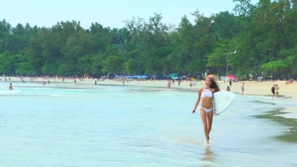 Attraente sufer ragazza tenendo il suo bordo sulla spiaggia — Video Stock