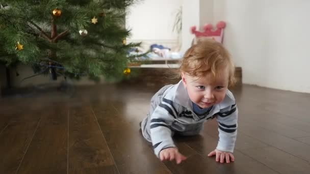 Entzückendes kleines Baby, das auf dem Boden krabbelt — Stockvideo