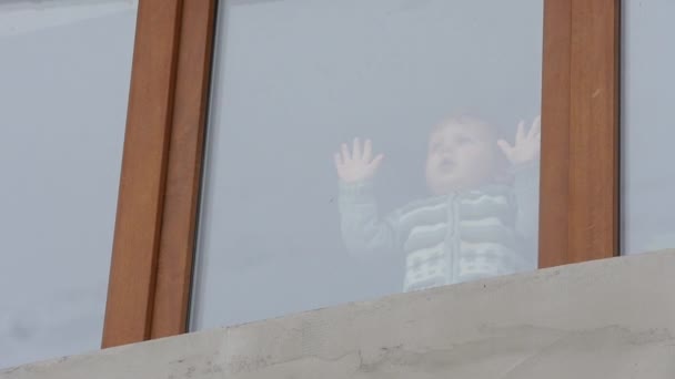 Μικρό παιδί κοιτάζουν έξω από το παράθυρο — Αρχείο Βίντεο
