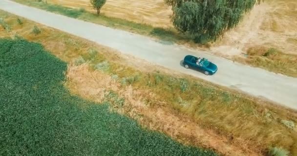Gelukkig man en vrouw rijden in cabriolet auto buiten — Stockvideo