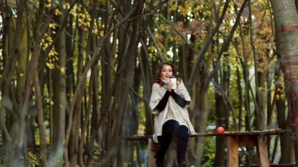 Осінь жінка в осінньому парку — стокове відео
