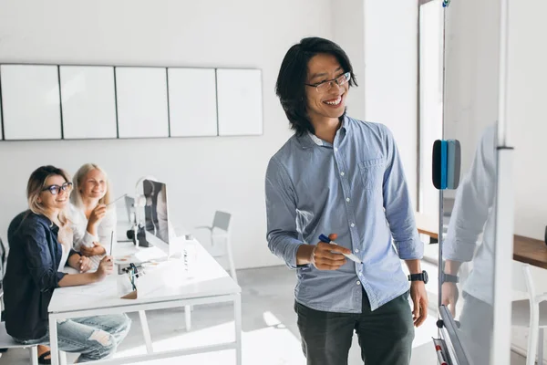 Smiling asian freelance developer drawing action plan of flipchart. Blonde young female managers looking at foreign colleague which writing something on board..