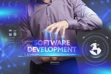 Ekonomi, teknoloji, Internet ve ağ kavramı. Genç busine