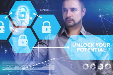 Ekonomi, teknoloji, Internet ve ağ kavramı. Genç busine