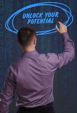 Ekonomi, teknoloji, Internet ve ağ kavramı. Genç busine