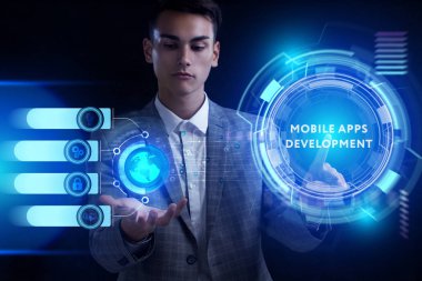 Ekonomi, teknoloji, Internet ve ağ kavramı. Genç busine