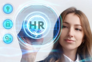 İş, Teknoloji, İnternet ve ağ konsepti. Genç işadamı geleceğin sanal ekranı üzerinde çalışıyor ve yazıyı görüyor: