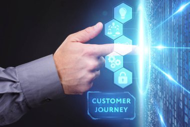 İş, Teknoloji, İnternet ve ağ konsepti. Genç işadamı geleceğin sanal ekranı üzerinde çalışıyor ve yazıyı görüyor.: 