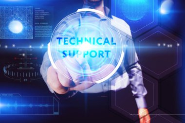 İş, Teknoloji, İnternet ve ağ konsepti. Genç işadamı geleceğin sanal ekranı üzerinde çalışıyor ve yazıyı görüyor.: 