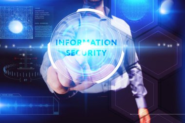 İş, Teknoloji, İnternet ve ağ konsepti. Genç işadamı geleceğin sanal ekranı üzerinde çalışıyor ve yazıyı görüyor.: 