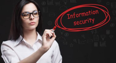 İş, Teknoloji, İnternet ve ağ konsepti. Genç işadamı geleceğin sanal ekranı üzerinde çalışıyor ve yazıyı görüyor: bilgi güvenliği
