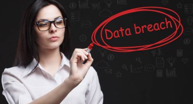 İş, Teknoloji, İnternet ve ağ konsepti. Genç işadamı geleceğin sanal ekranı üzerinde çalışıyor ve yazıyı görüyor: