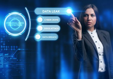 İş, Teknoloji, İnternet ve ağ konsepti. Genç işadamı geleceğin sanal ekranı üzerinde çalışıyor ve yazıyı görüyor: kişisel veri koruması